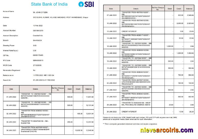 India State Bank of India (SBI) bank statement 2 pages
